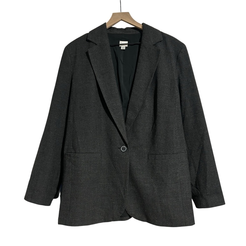 A New Day Women's Classic Modern Charcoal Gray Button Blazer Plaid Large